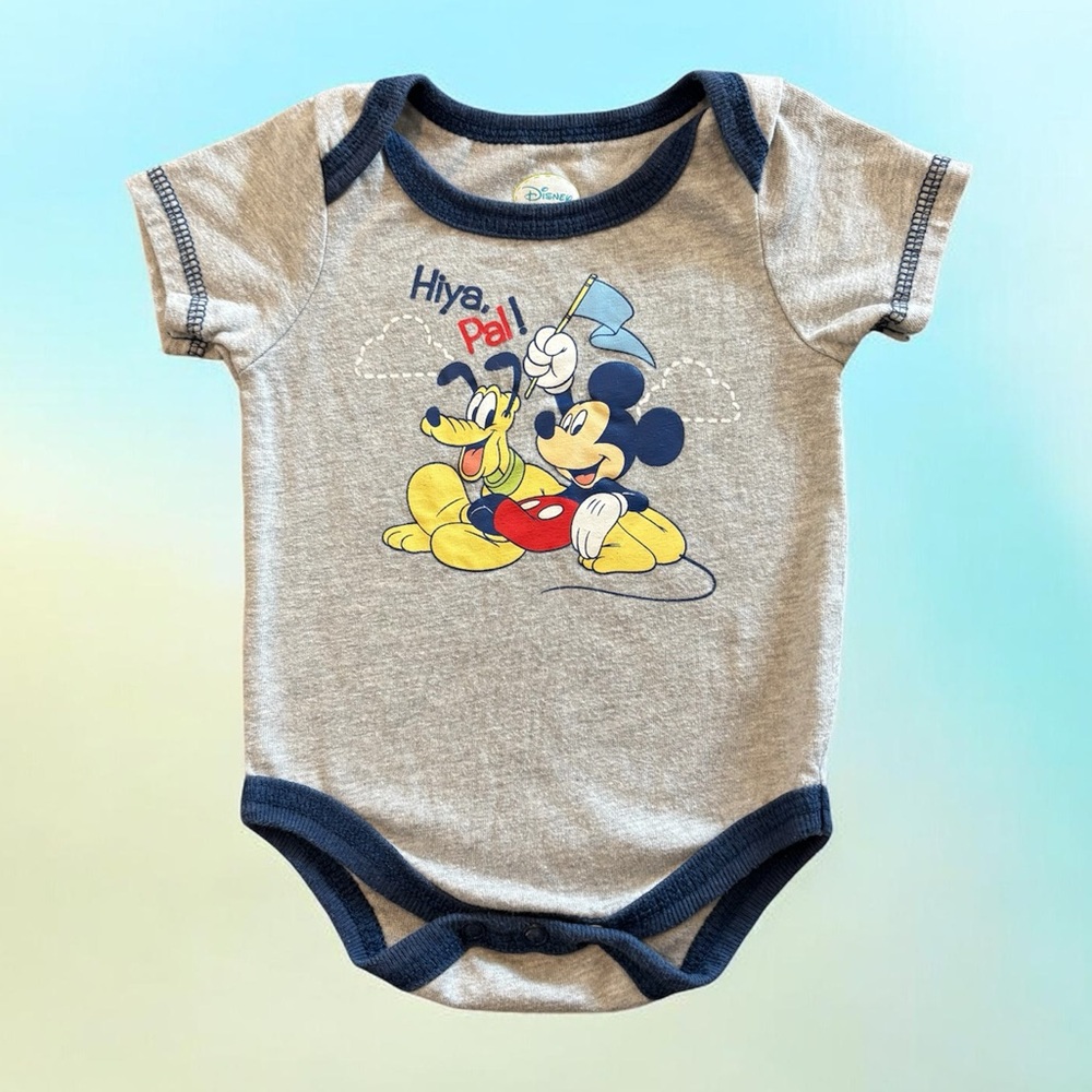 Disney > Mickey & Pluto One-Piece Onsie Romper Summer Parks Baby Sz 3-6mo
